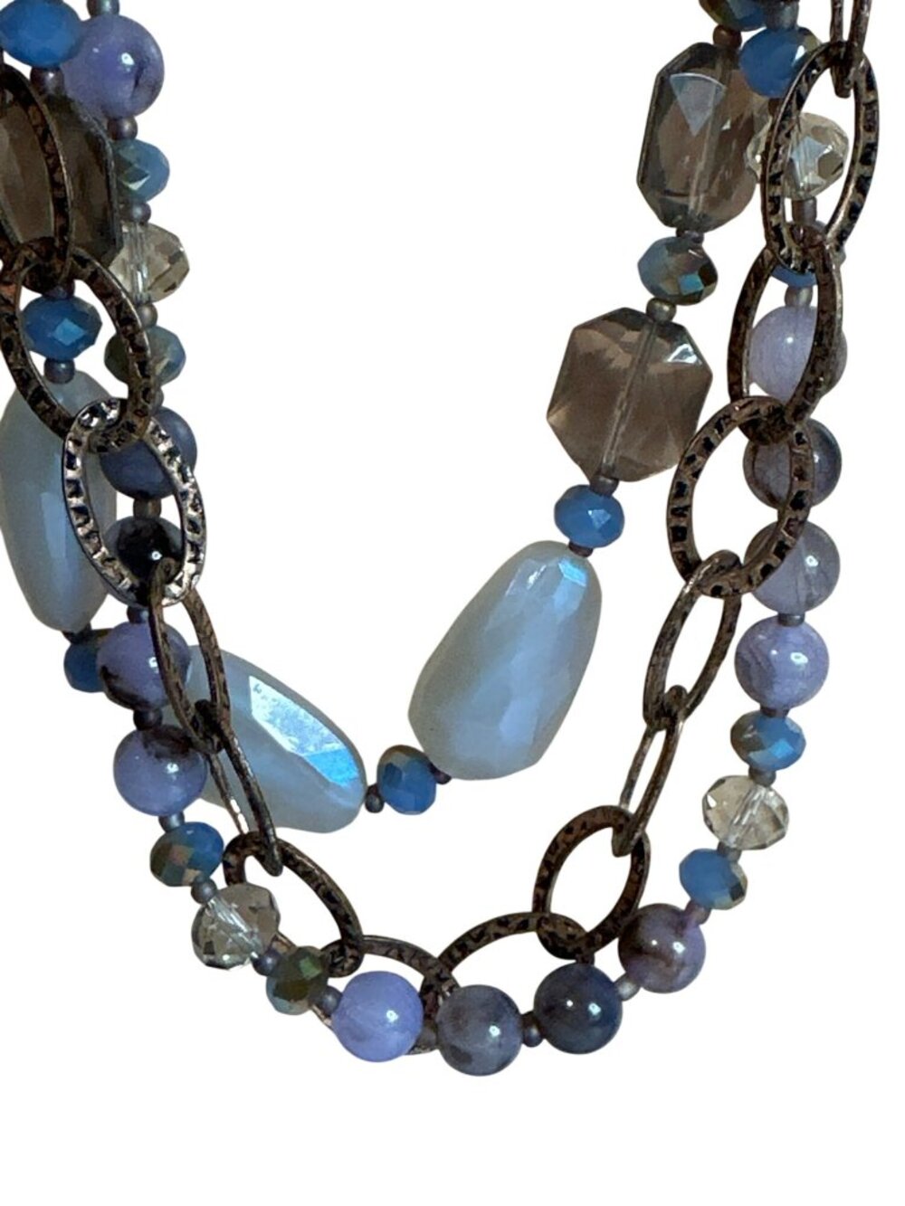 Premier Beaded Necklace Hammered Bronze Chain Links Blue Gray Clear Beads